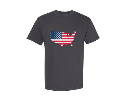 brand:Comfort Colors|color:Graphite|Distressed Usa Vintage Flag Map Design Graphic T-Shirt