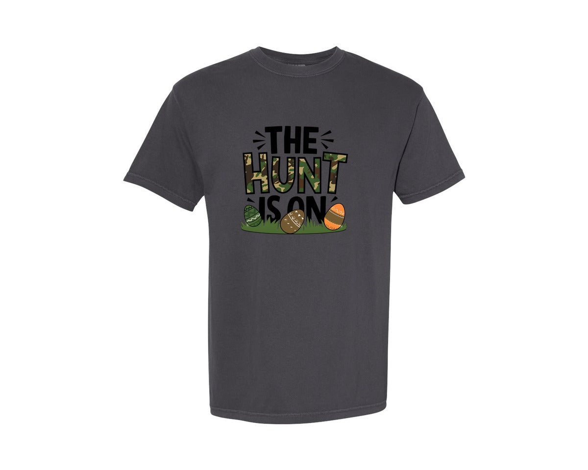 brand:Comfort Colors|color:Graphite|The Hunt Is On Camo Easter Egg Camo Graphic T-Shirt