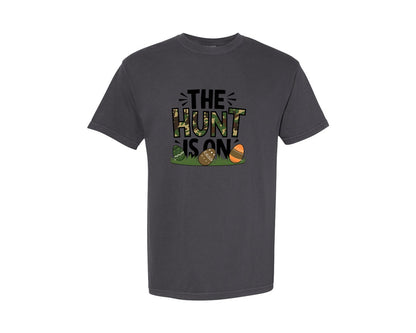 brand:Comfort Colors|color:Graphite|The Hunt Is On Camo Easter Egg Camo Graphic T-Shirt