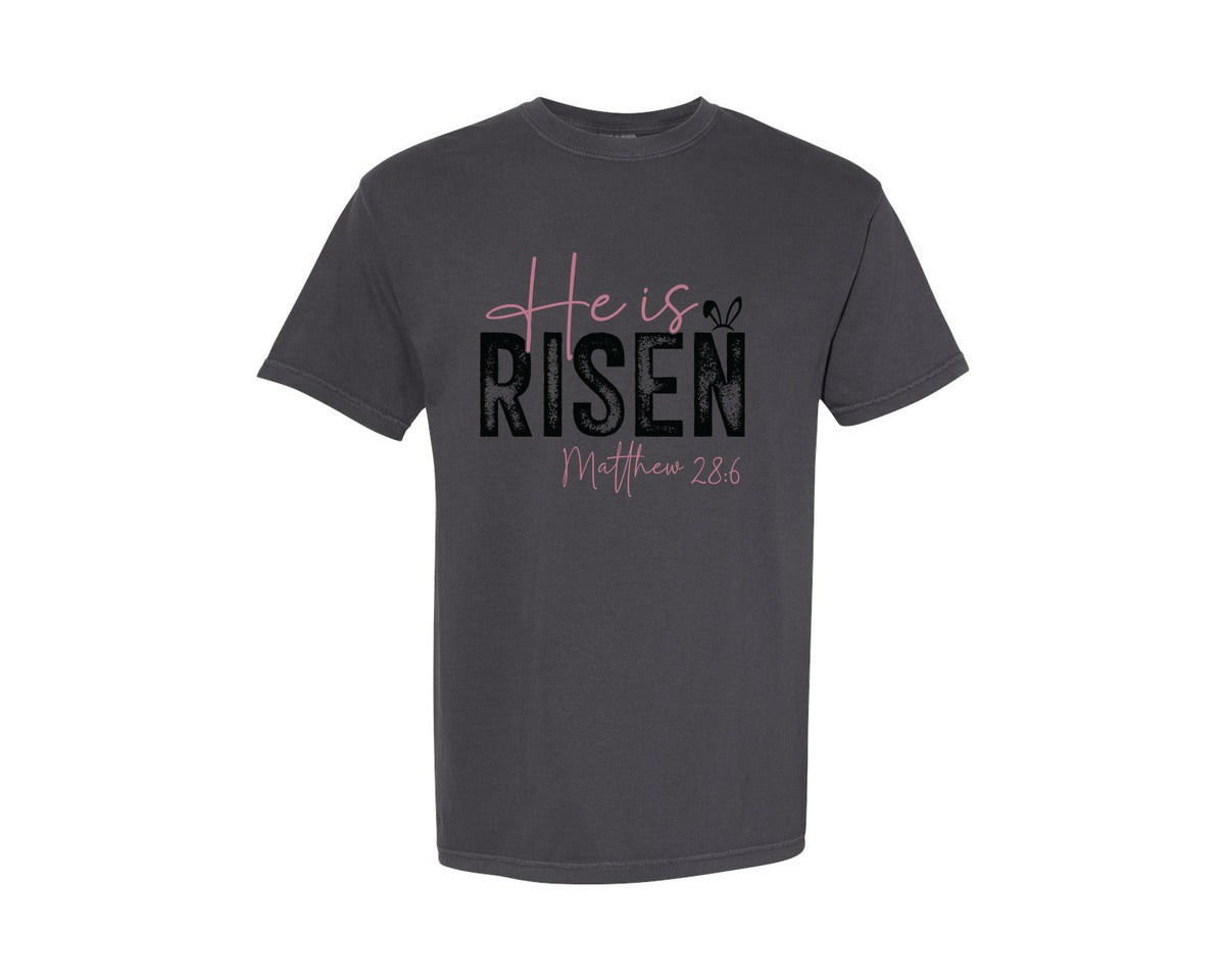 brand:Comfort Colors|color:Graphite|Christian Easter He Is Risen Graphic T-Shirt