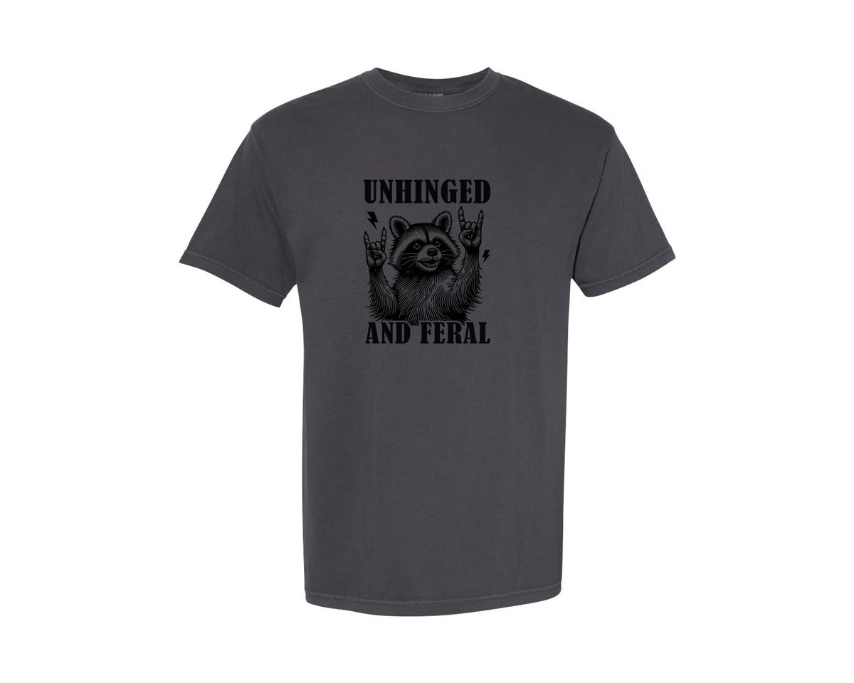 brand:Comfort Colors|color:Graphite|Unhinged And Feral Vintage Raccoon Meme Graphic T-Shirt