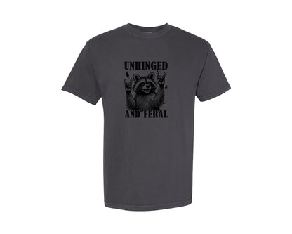 brand:Comfort Colors|color:Graphite|Unhinged And Feral Vintage Raccoon Meme Graphic T-Shirt