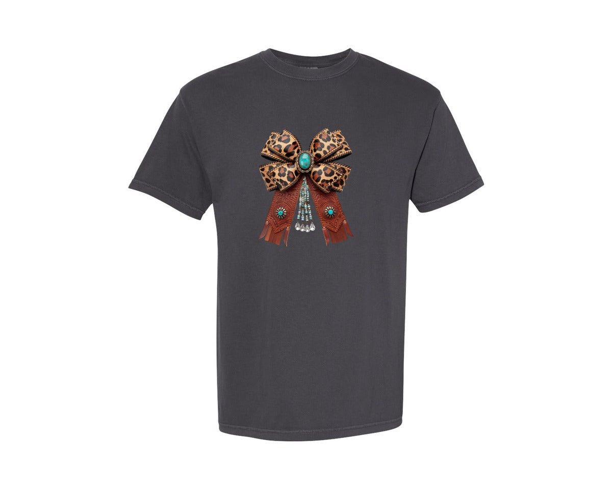 brand:Comfort Colors|color:Graphite|Western Leopard Bow Coquette Cowgirl 2 Graphic T-Shirt