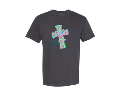 brand:Comfort Colors|color:Graphite|He Is Risen Floral Cross Graphic T-Shirt