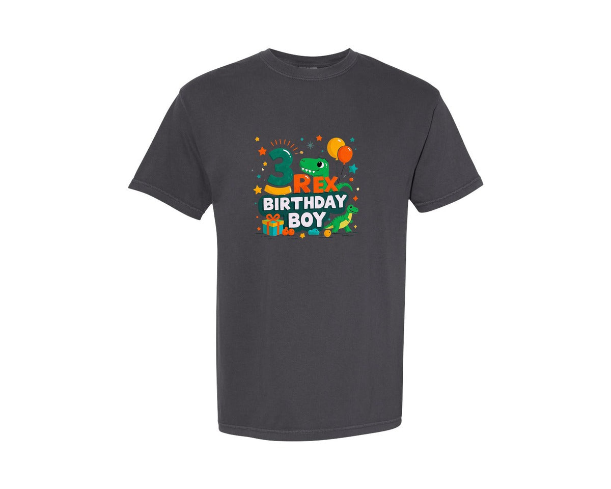 brand:Comfort Colors|color:Graphite|3 Rex Birthday Boy Dinosaur T Shirt Graphic T-Shirt