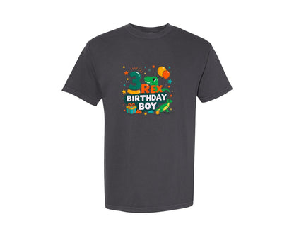 brand:Comfort Colors|color:Graphite|3 Rex Birthday Boy Dinosaur T Shirt Graphic T-Shirt