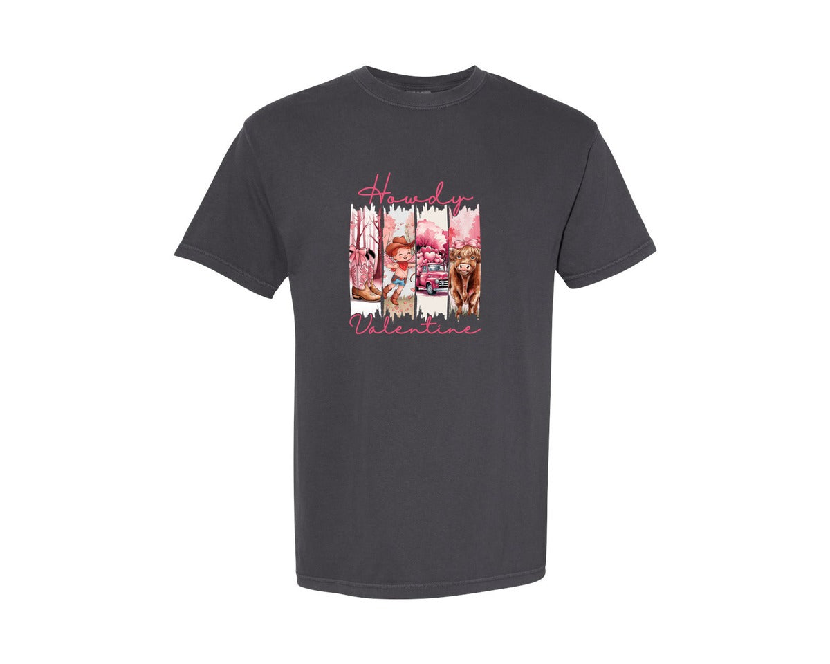 brand:Comfort Colors|color:Graphite|Howdy Valentine Western Pink Truck Graphic T-Shirt