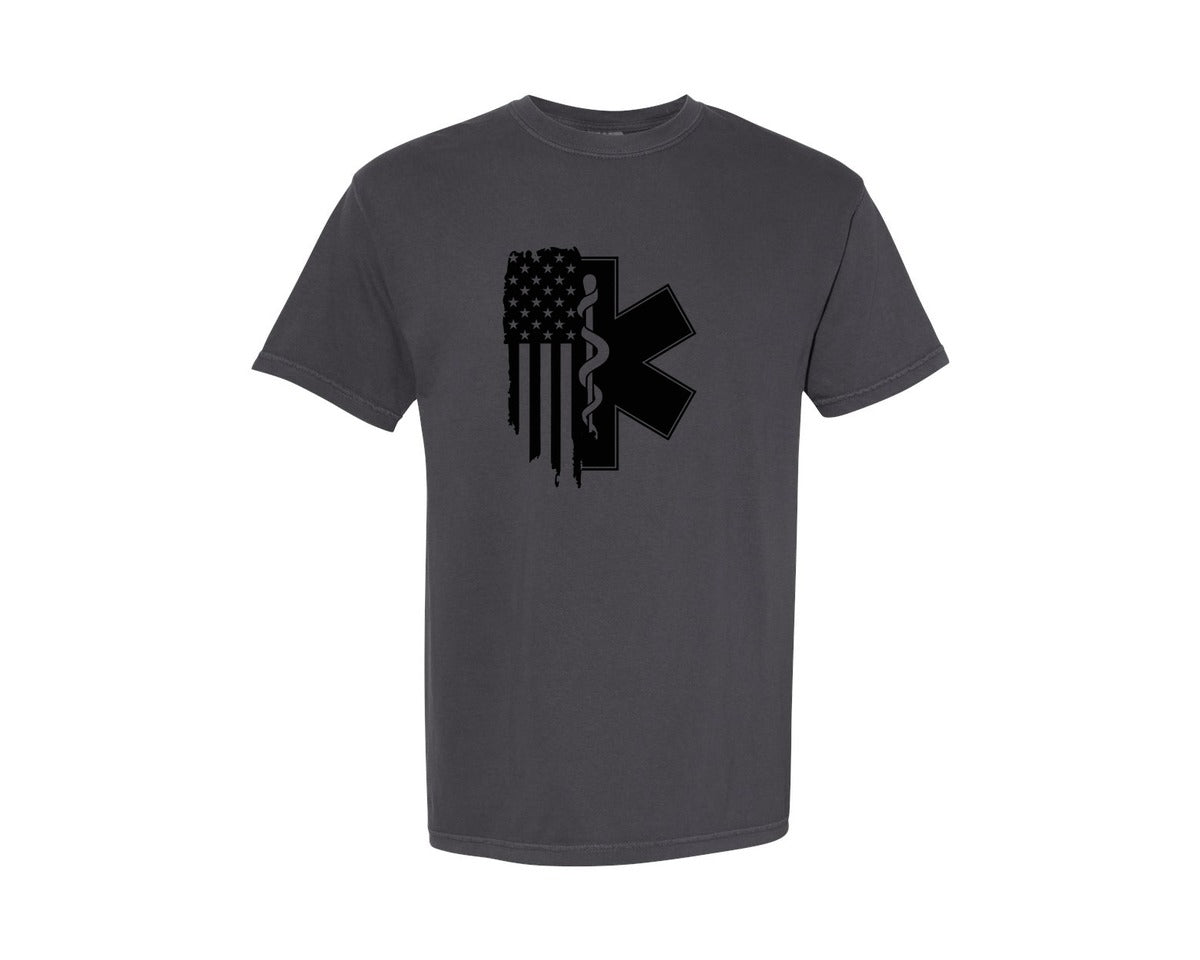brand:Comfort Colors|color:Graphite|Emt Star Of Life Usa Flag Graphic T-Shirt