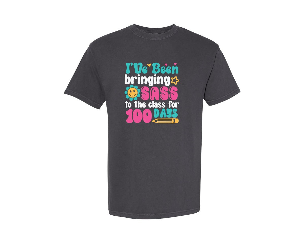 brand:Comfort Colors|color:Graphite|Girl 100 Days Of School Retro Graphic T-Shirt