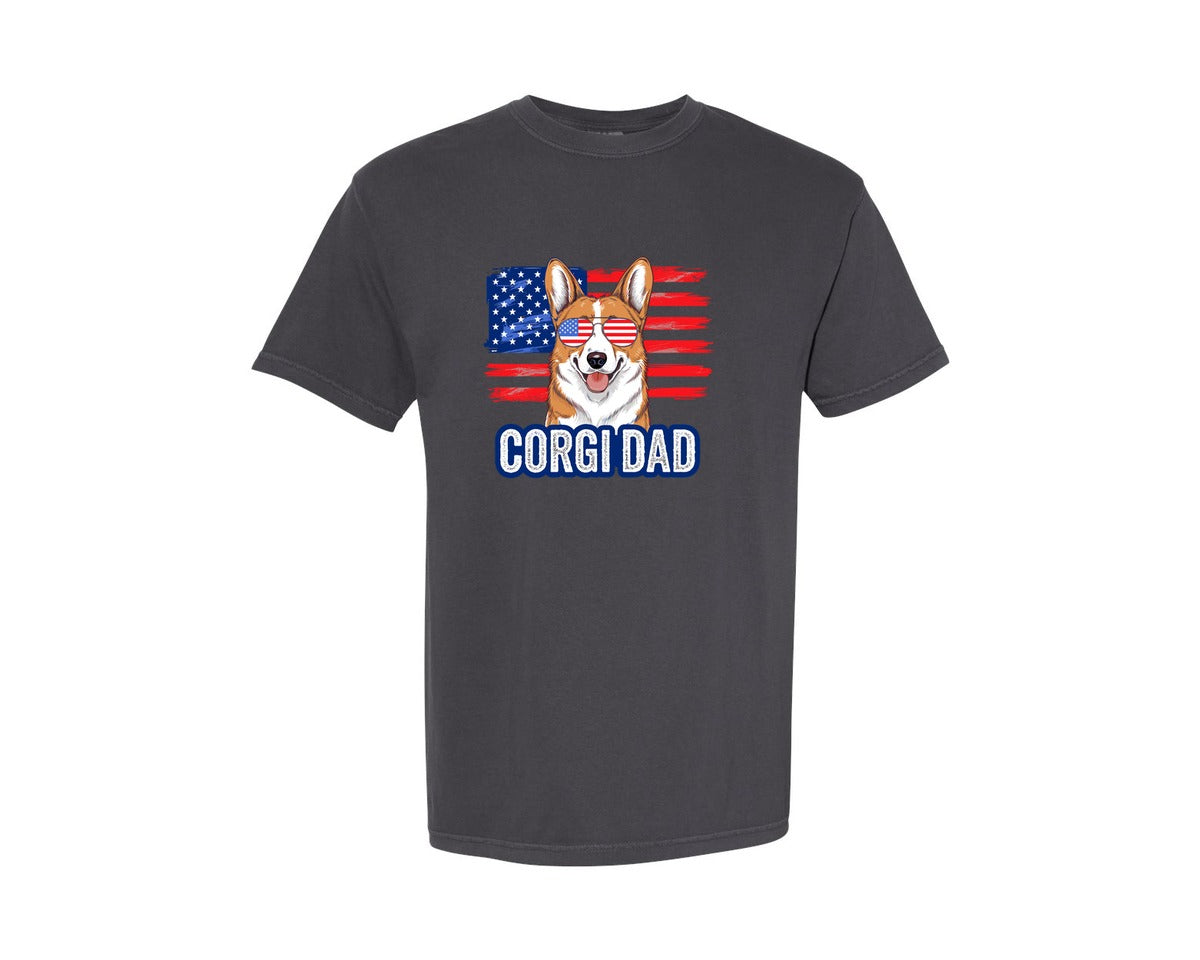 brand:Comfort Colors|color:Graphite|Corgi Dad American Flag 4Th Of July Graphic T-Shirt