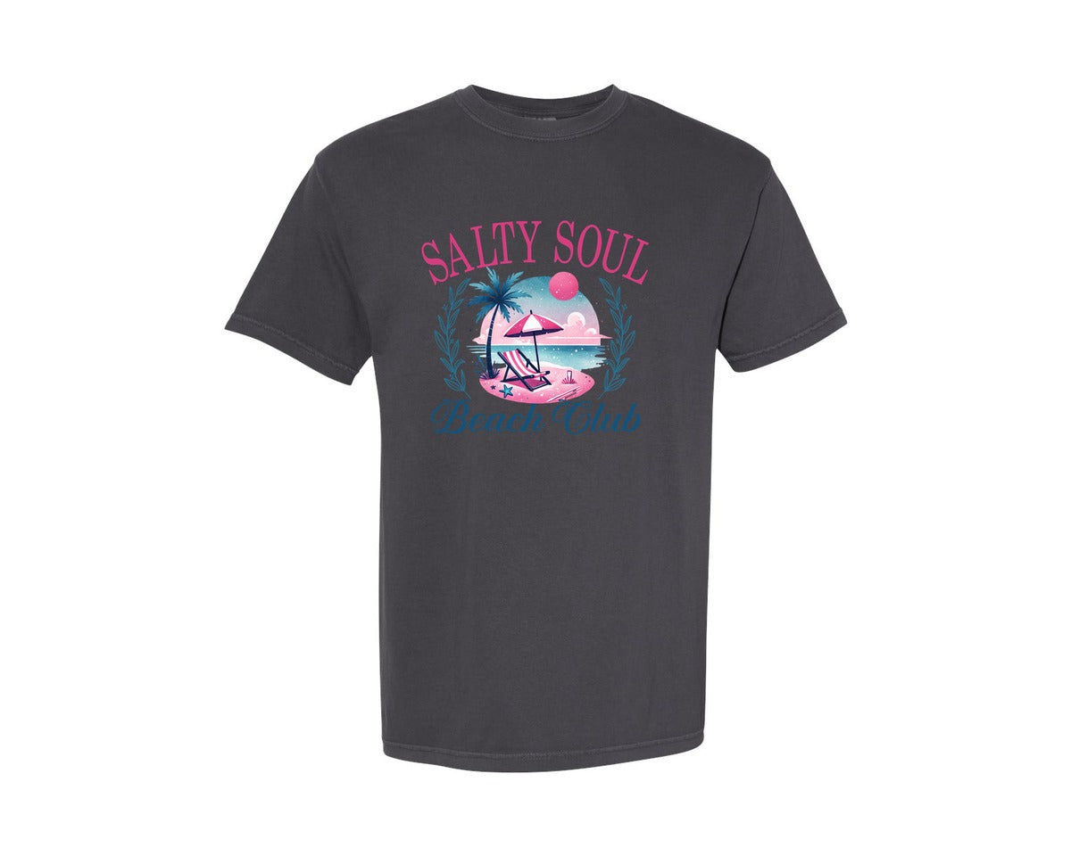 brand:Comfort Colors|color:Graphite|Summer Trendy Salty Soul Beach Club Graphic T-Shirt