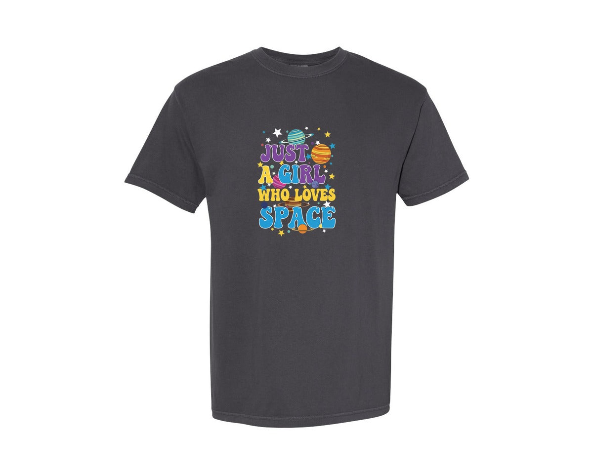 brand:Comfort Colors|color:Graphite|Retro Space Just A Girl Who Loves Groove 2 Graphic T-Shirt