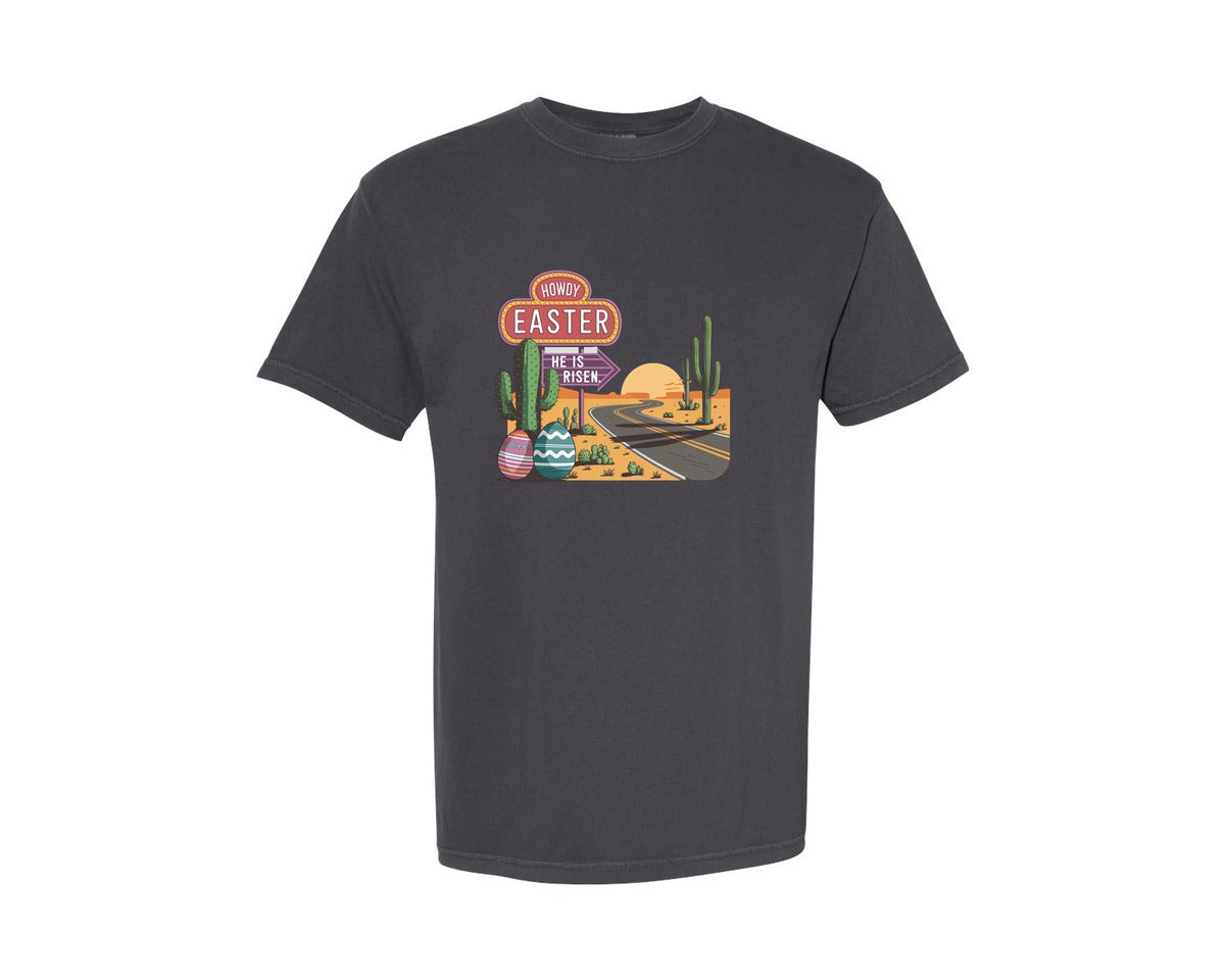 brand:Comfort Colors|color:Graphite|Howdy Easter Western Desert Easter 3 Graphic T-Shirt