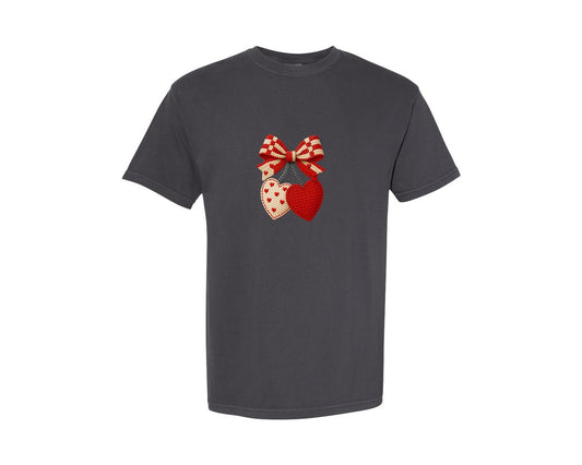 Faux Crochet Valentines Cherry Graphic T-Shirt