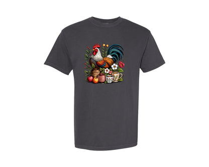 brand:Comfort Colors|color:Graphite|Farm Rooster Rustic Chicken Graphic T-Shirt