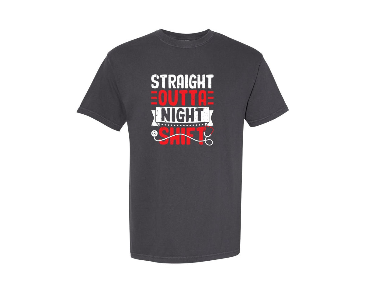 brand:Comfort Colors|color:Graphite|Straight Outta Night Shift Nurse T Shirt 3 Graphic T-Shirt