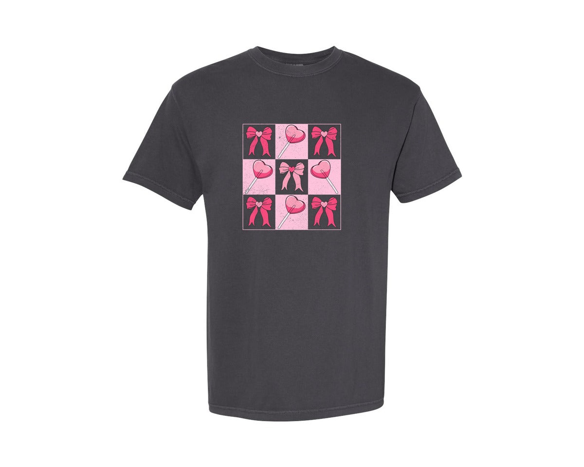 brand:Comfort Colors|color:Graphite|Retro Checkered Valentine Sucker Graphic T-Shirt