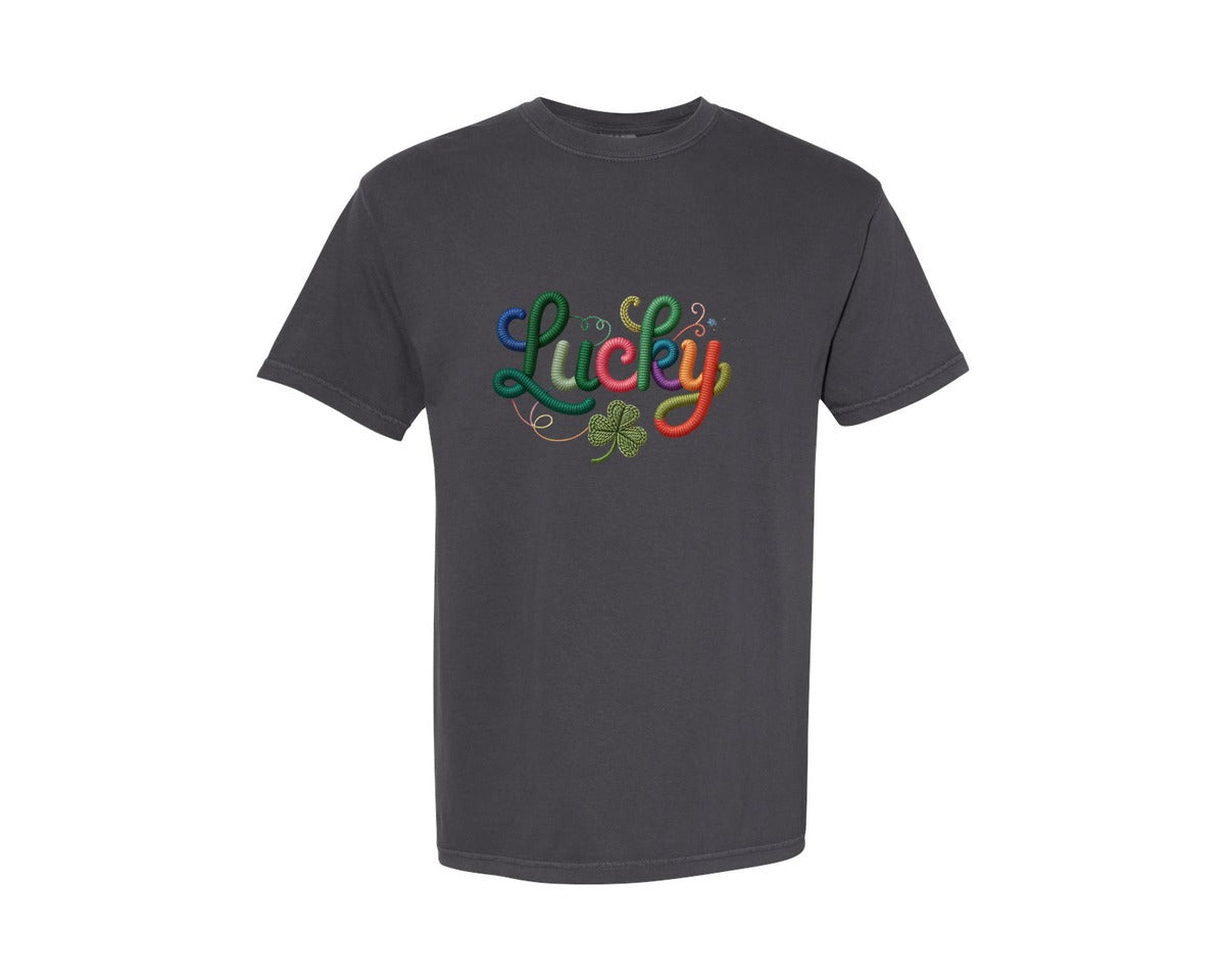 brand:Comfort Colors|color:Graphite|Faux Yarn Lucky Script St Patricks Day Graphic T-Shirt