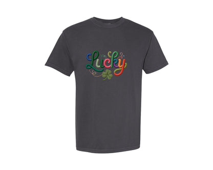 brand:Comfort Colors|color:Graphite|Faux Yarn Lucky Script St Patricks Day Graphic T-Shirt
