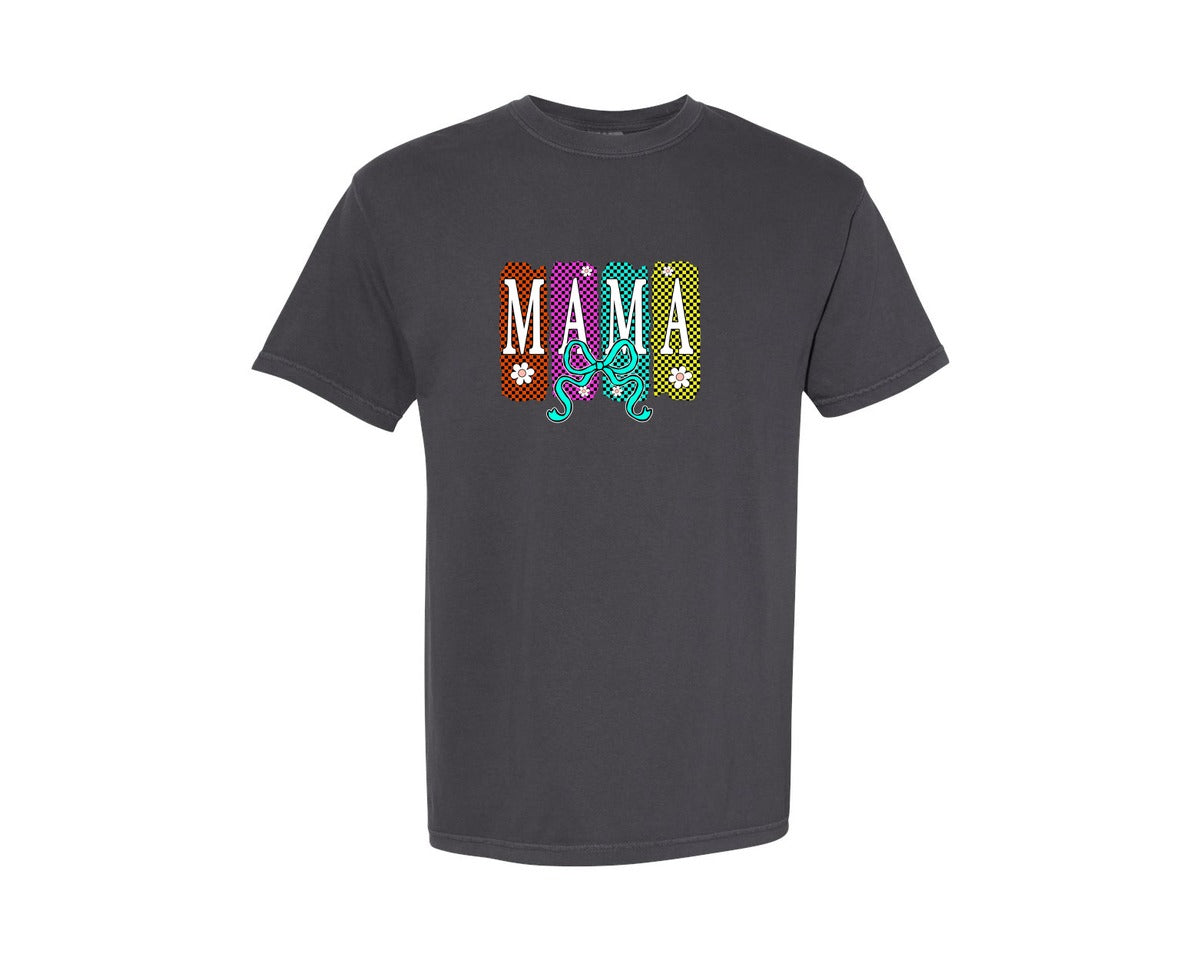 brand:Comfort Colors|color:Graphite|Retro Checkered Mama Preppy Mom Graphic T-Shirt