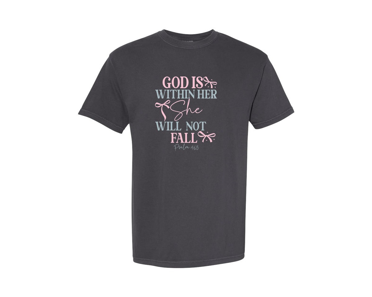 brand:Comfort Colors|color:Graphite|God Is Within Her She Will Not Fall Coq Graphic T-Shirt