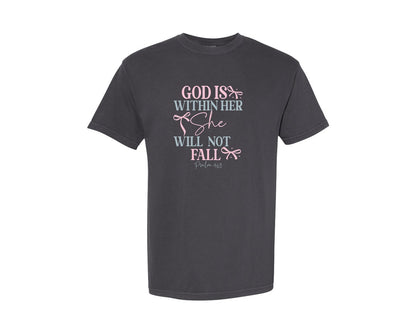 brand:Comfort Colors|color:Graphite|God Is Within Her She Will Not Fall Coq Graphic T-Shirt