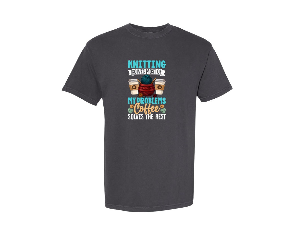 brand:Comfort Colors|color:Graphite|Knitting And Coffee T Shirt Design 11 Graphic T-Shirt
