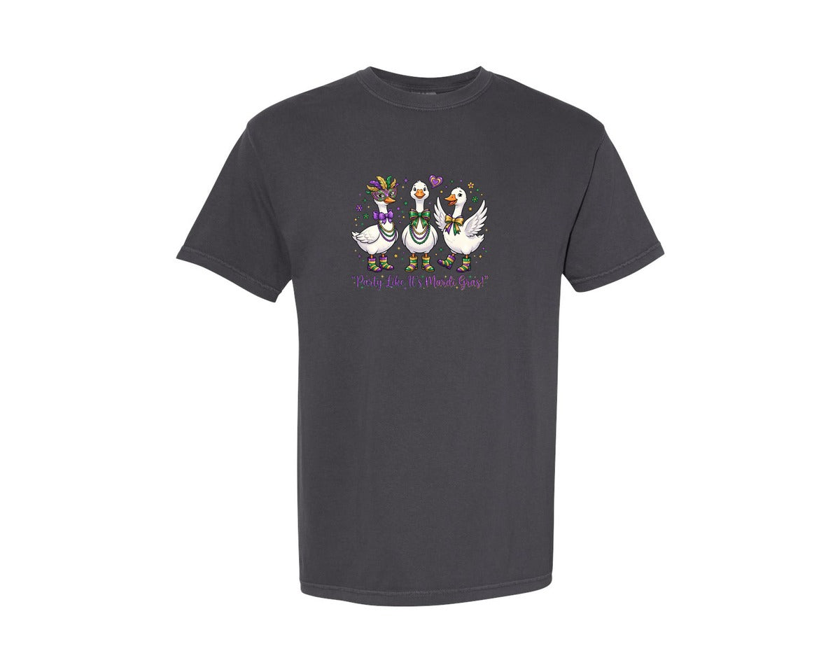 brand:Comfort Colors|color:Graphite|Party Like Its Mardi Gras Goose 2 Graphic T-Shirt