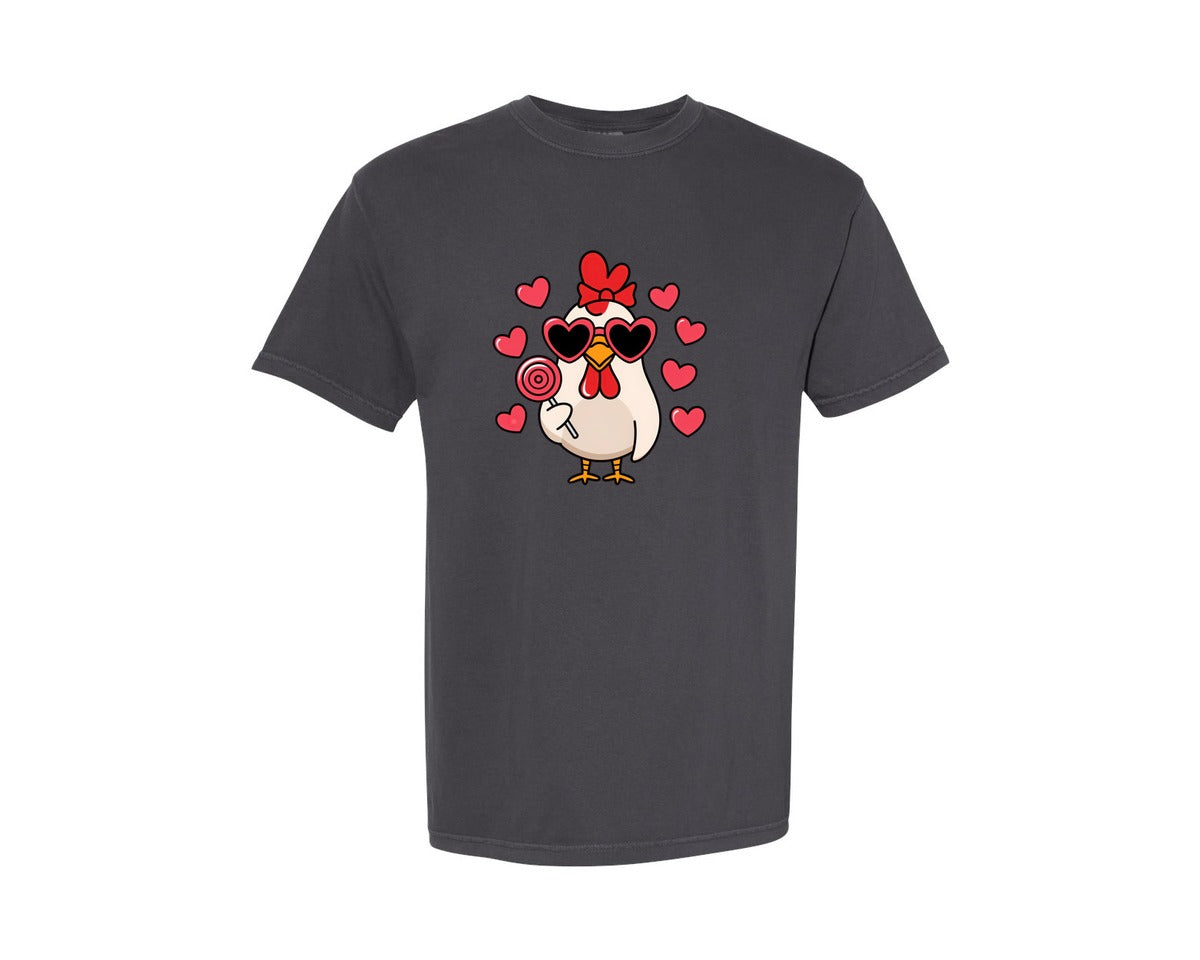 brand:Comfort Colors|color:Graphite|Funny Chicken Lollipop Love Hearts Graphic T-Shirt