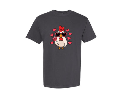 brand:Comfort Colors|color:Graphite|Funny Chicken Lollipop Love Hearts Graphic T-Shirt