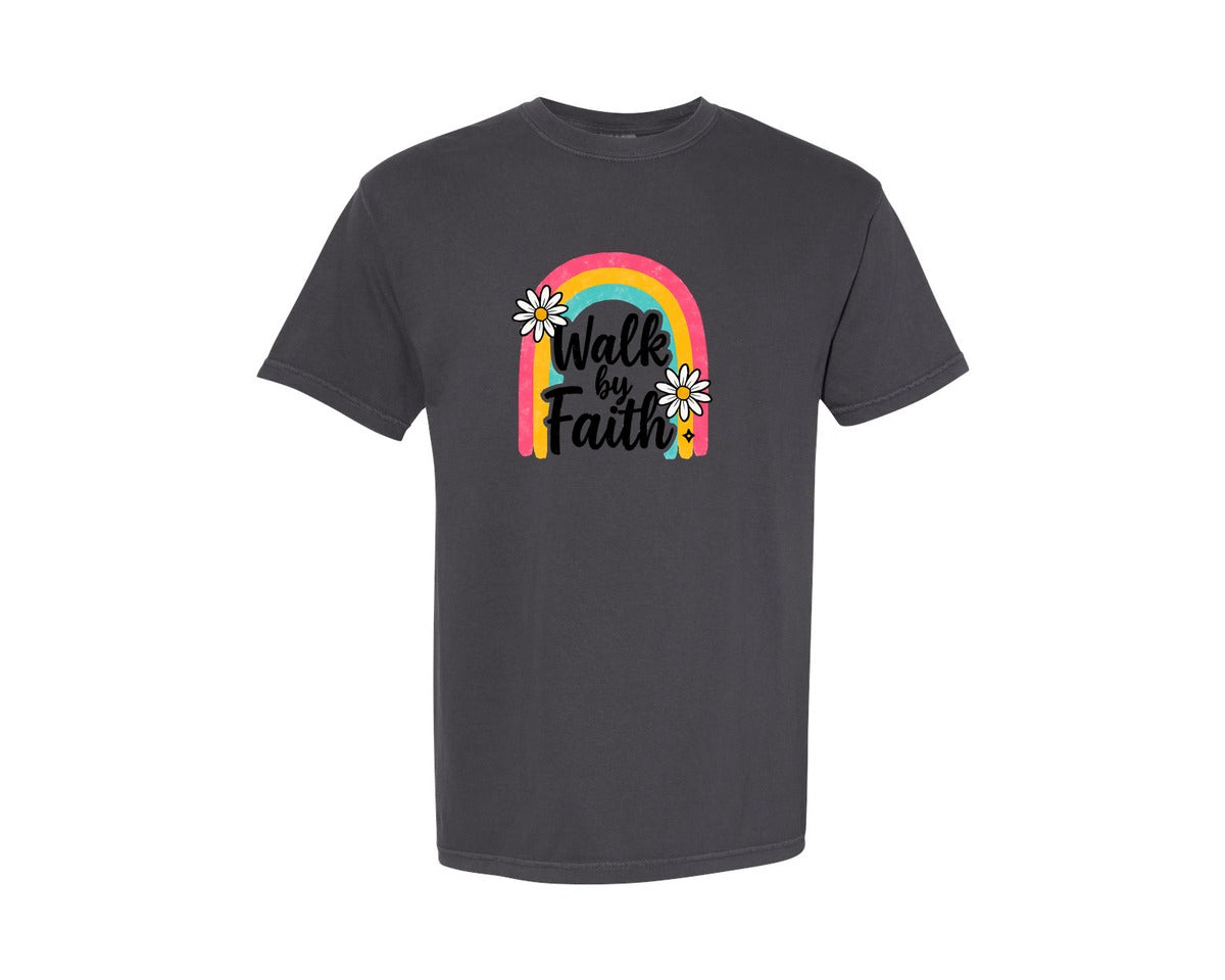 brand:Comfort Colors|color:Graphite|Walk By Faith Rainbow Summer T Shirt Graphic T-Shirt