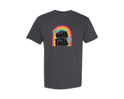 brand:Comfort Colors|color:Graphite|Walk By Faith Rainbow Summer T Shirt Graphic T-Shirt