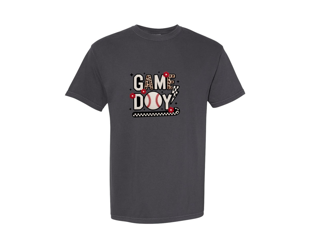 brand:Comfort Colors|color:Graphite|Game Day Baseball Faux Yarn Basebal Graphic T-Shirt