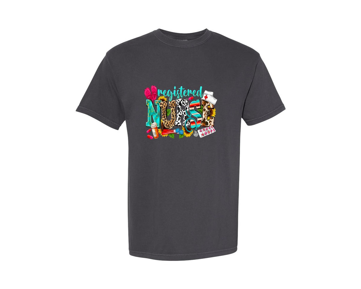brand:Comfort Colors|color:Graphite|Registered Nurse Colorful Medical Design Graphic T-Shirt