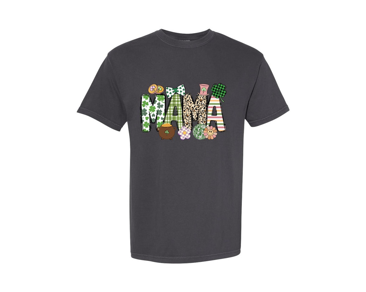 brand:Comfort Colors|color:Graphite|Mama St Patricks Day Lettered Doodle Graphic T-Shirt