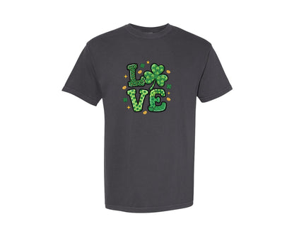 brand:Comfort Colors|color:Graphite|St Patricks Day Love Shamrock 3 Graphic T-Shirt