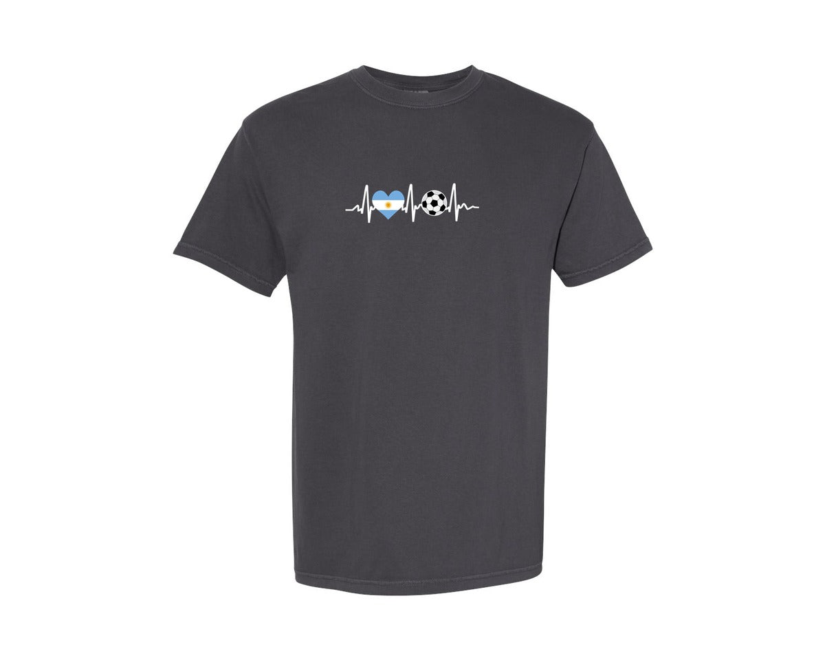brand:Comfort Colors|color:Graphite|Argentina Flag Football Soccer Heartbeat Graphic T-Shirt