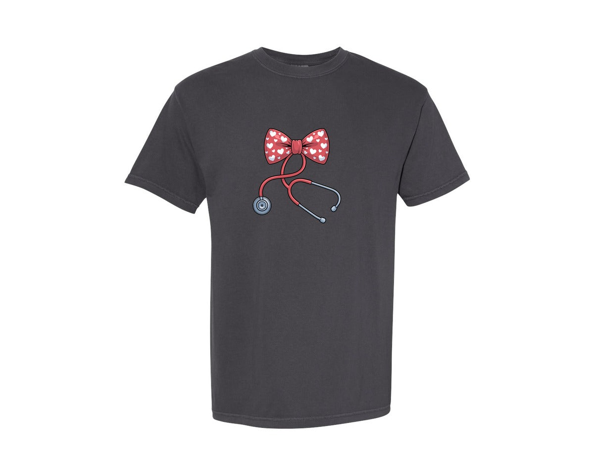 brand:Comfort Colors|color:Graphite|Nurse Valentine Stethoscope Cute Bow Graphic T-Shirt