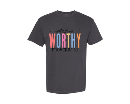 brand:Comfort Colors|color:Graphite|She Is Worthy Religious Graphic T-Shirt