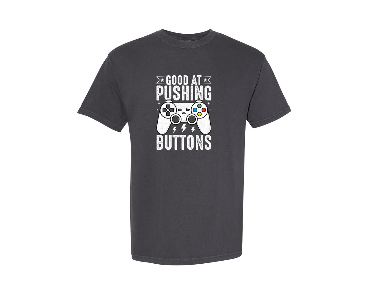 brand:Comfort Colors|color:Graphite|Pushing Buttons Gamer Funny T Shirt Graphic T-Shirt