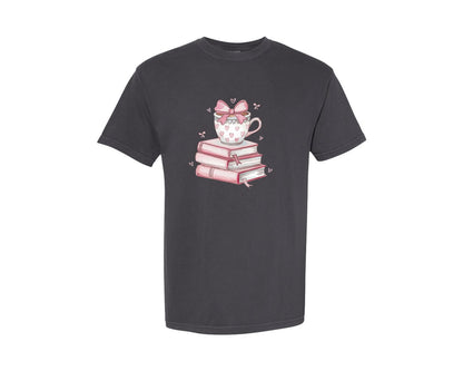 brand:Comfort Colors|color:Graphite|Retro Coffee And Books Hearts Graphic T-Shirt