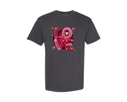 brand:Comfort Colors|color:Graphite|Furry Love Sign With Hearts Graphic T-Shirt
