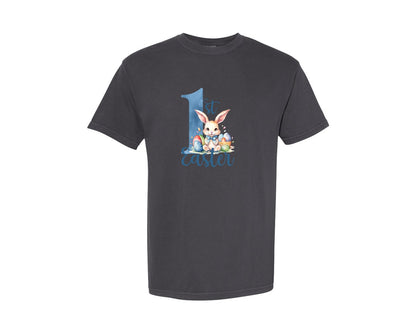 brand:Comfort Colors|color:Graphite|Blue 1St Easter Bunny Easter Graphic T-Shirt