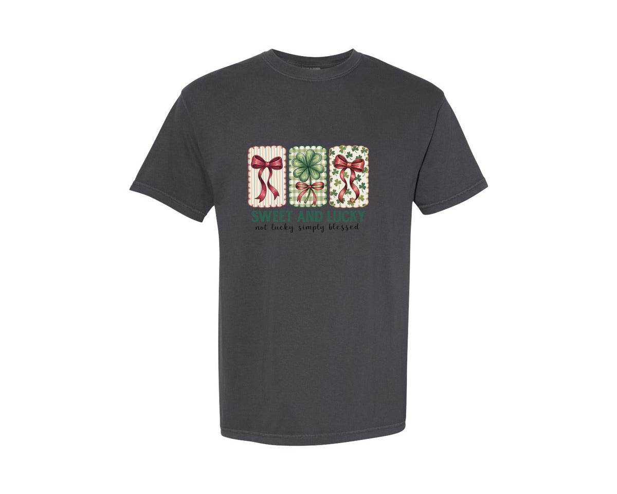 brand:Comfort Colors|color:Graphite|Not Lucky Simply Blessed Lucky Bow Graphic T-Shirt