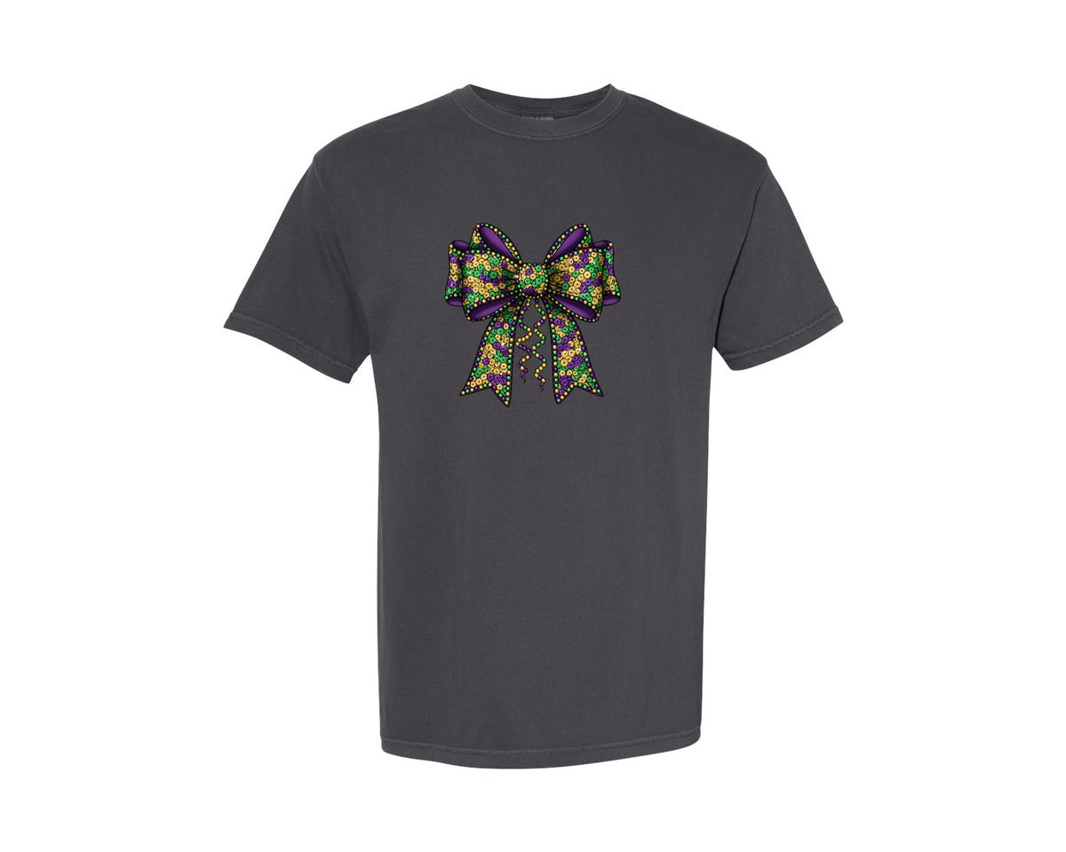 brand:Comfort Colors|color:Graphite|Mardi Gras Sequin Coquette Bow Graphic T-Shirt