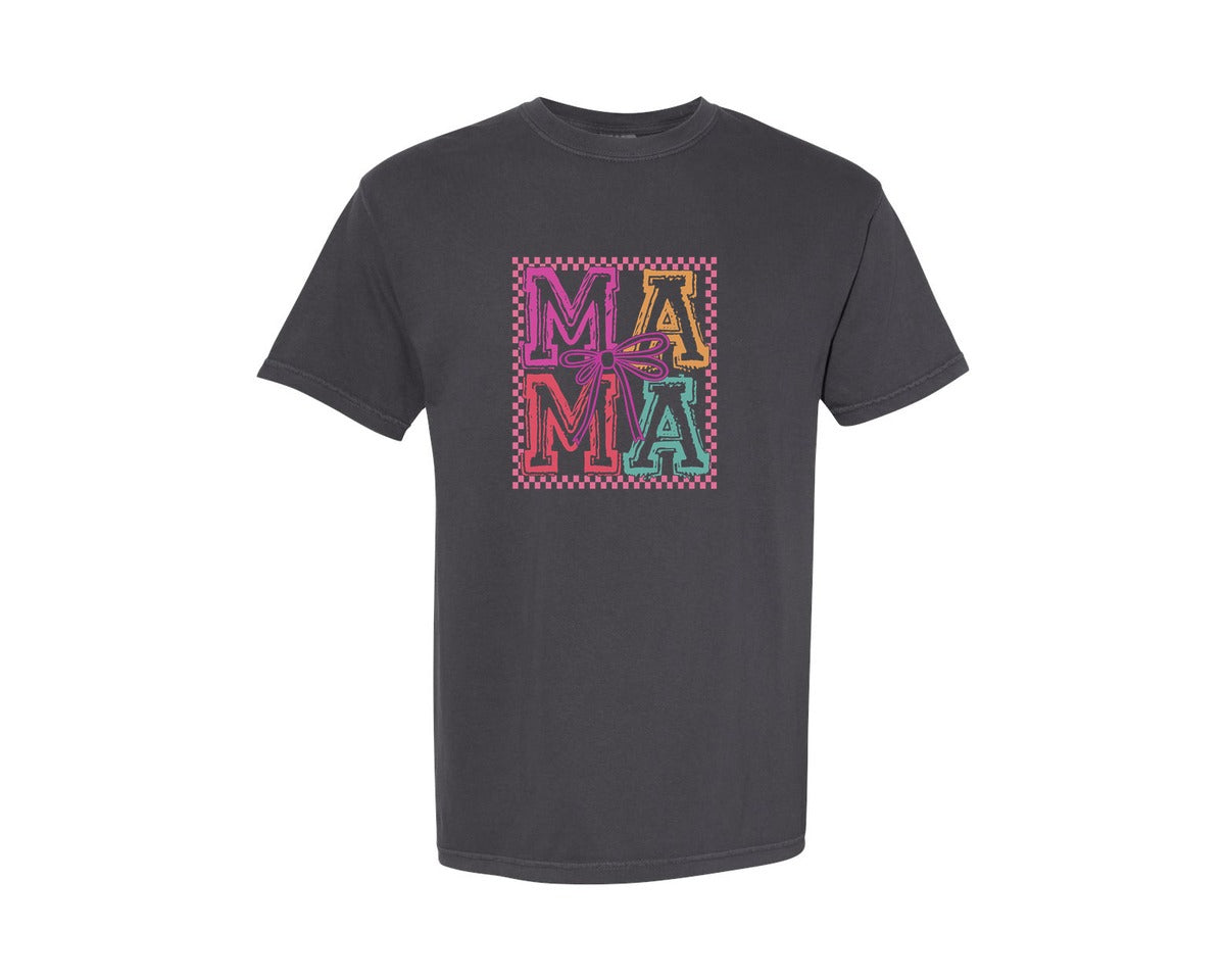 brand:Comfort Colors|color:Graphite|Retro Mama Checkered Mama 2 Graphic T-Shirt