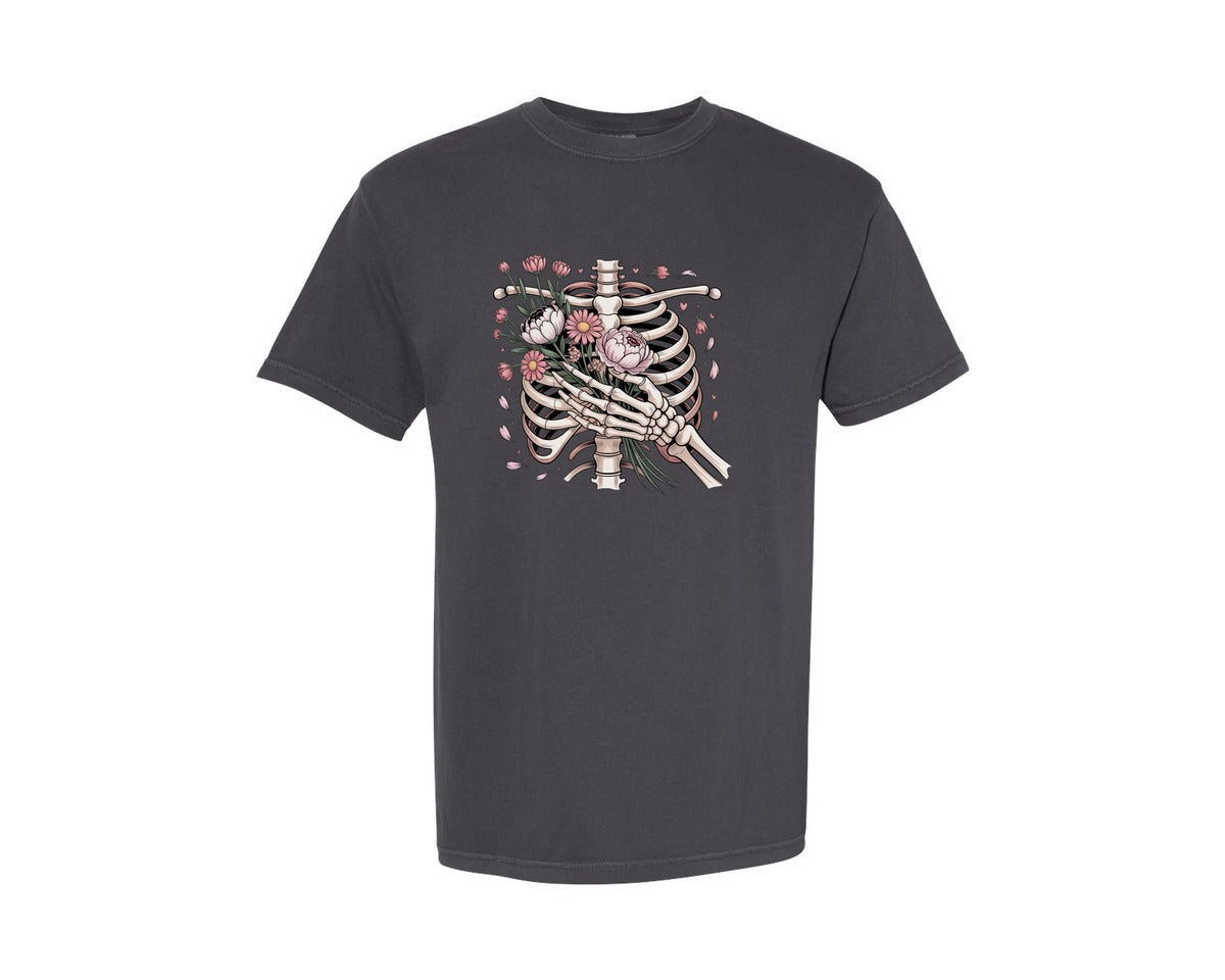 brand:Comfort Colors|color:Graphite|Rib Cage Floral Skeleton Valentine Graphic T-Shirt