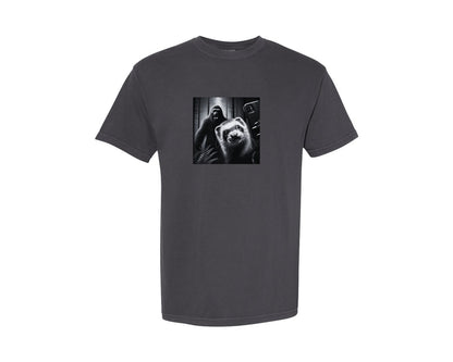 brand:Comfort Colors|color:Graphite|Ferret Selfie With Yeti Bigfoot Funny Graphic T-Shirt