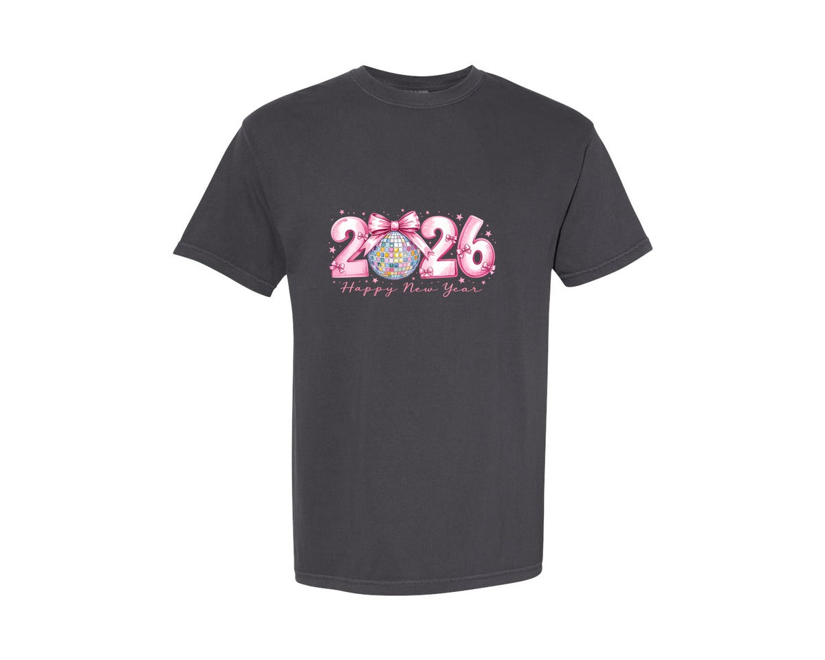 brand:Comfort Colors|color:Graphite|Hello 2026 Pink Bows Happy New Year Graphic T-Shirt
