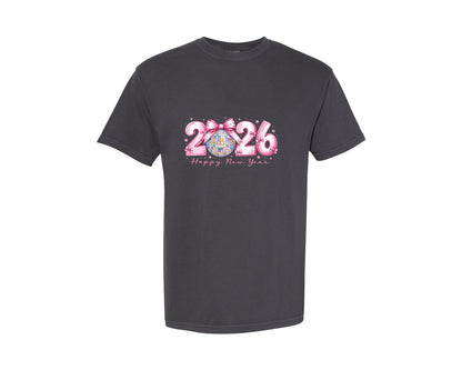 brand:Comfort Colors|color:Graphite|Hello 2026 Pink Bows Happy New Year Graphic T-Shirt